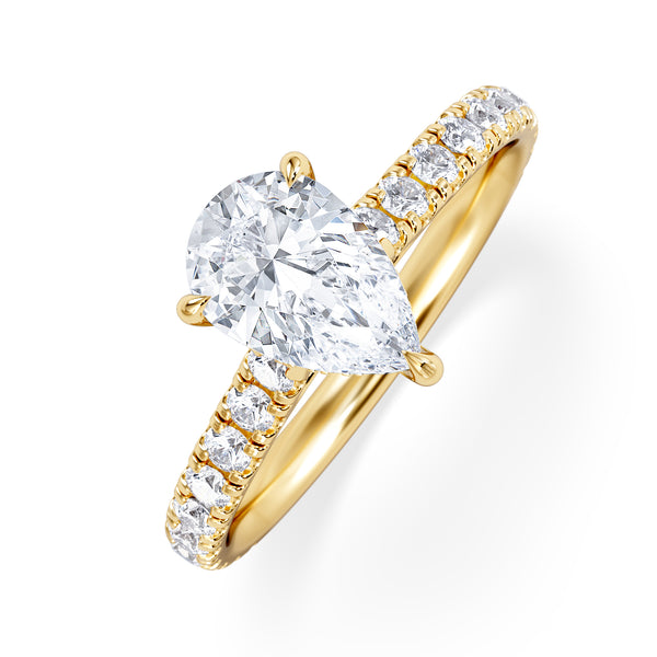 Amora Pear 1.47ct Hidden Halo Lab Diamond Engagement Ring With Side Stones Set in 18K Gold